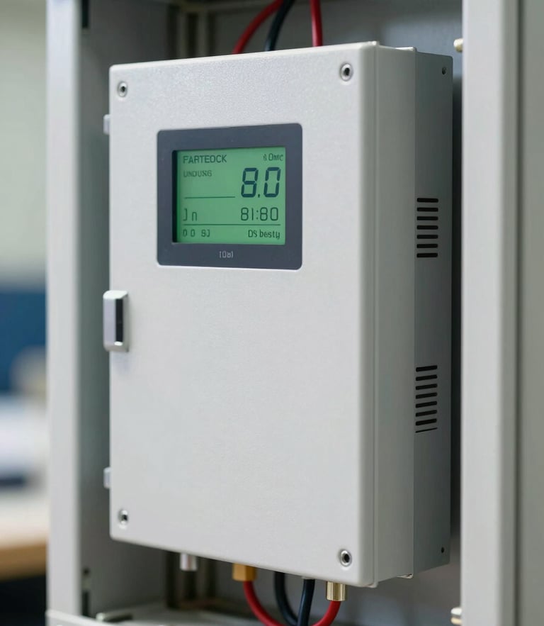 Close-up technical shot of a professional solar inverter panel with neat wiring and digital output display screen, bright natural light.