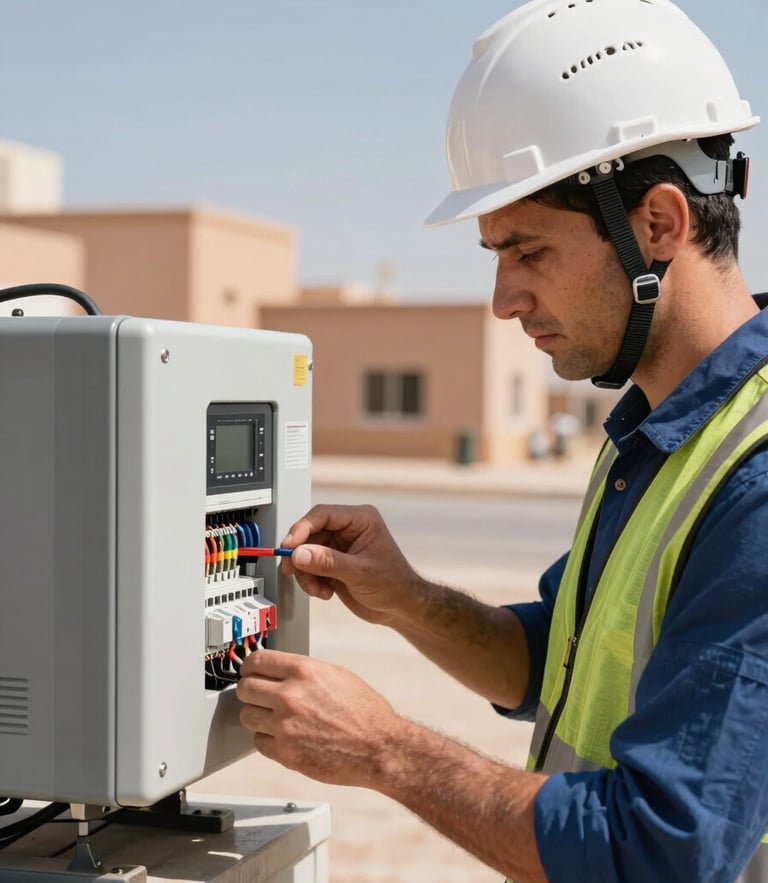 Close-up of a technical engineer in a hard hat inspecting electrical inverter connections on a sunny Moroccan industrial site, bright natural daylight, clean technical details.