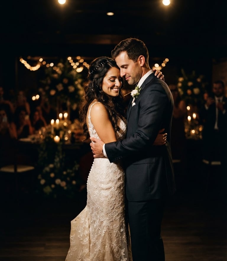 Cinematic wedding couple standing under dramatic low-key reception lighting, warm golden highlights, shallow depth of field, 35mm