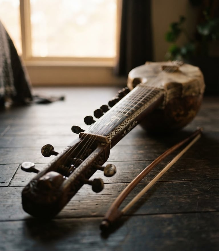 A close-up of a traditional dilruba instrument resting on a dark wooden floor, soft morning light filtering through a window, shallow depth of field, 35mm photography.