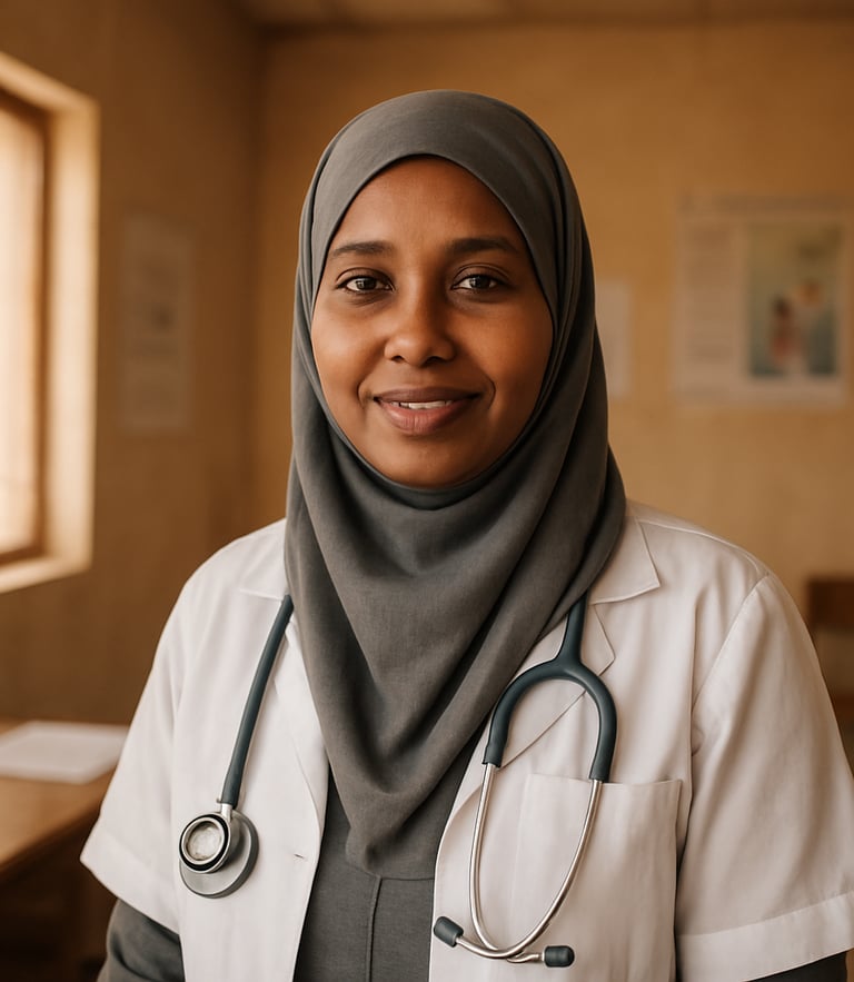 Dignified portrait of a Somali community health worker in a warm, naturally lit clinic in Baidoa, smiling softly, 35mm lens, soft earth tones