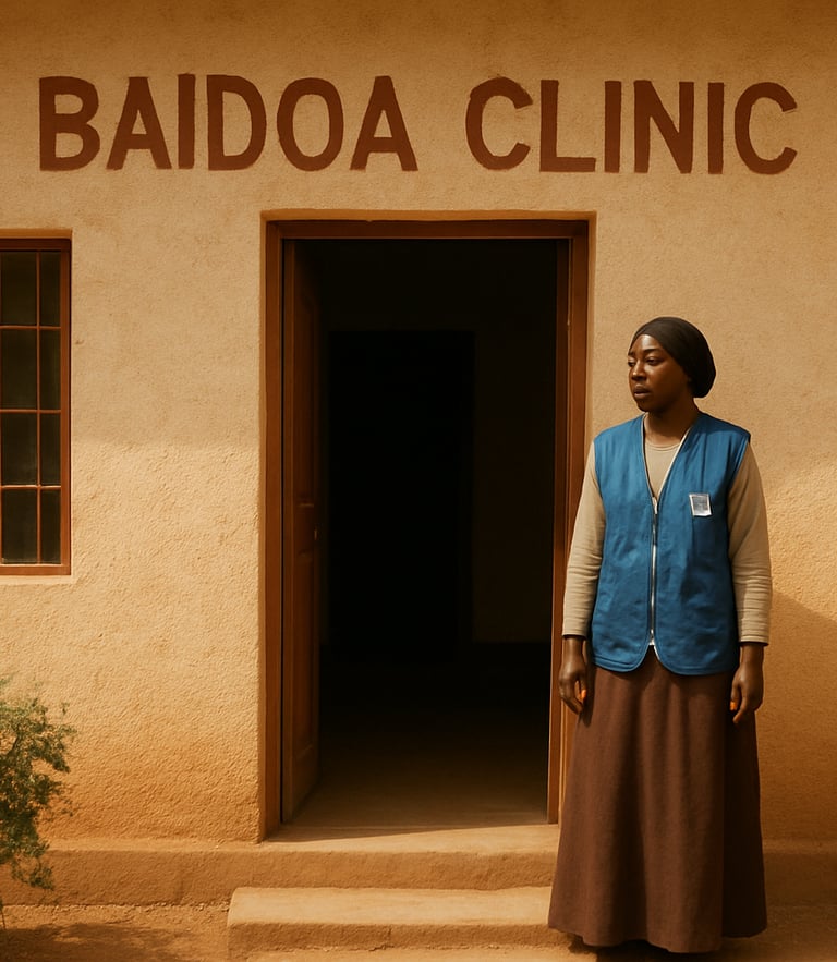A warm daylight view of the clean, welcoming entrance of the Baidoa clinic, with a community health worker in a blue vest standing near the doorway, soft earth tones, 35mm lens.
