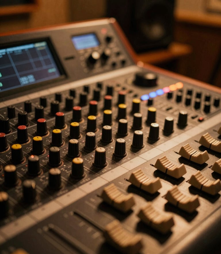 Close-up of a warm, low-key lit music mixing console in a cozy studio, rich amber tones, shallow depth of field, 35mm