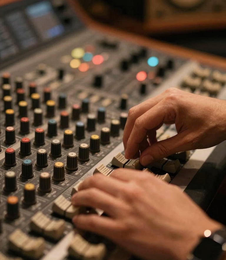 Intimate close-up of hands adjusting dials on a vintage mixing console in a warm, low-key lit music studio, shallow depth of field, 35mm photography