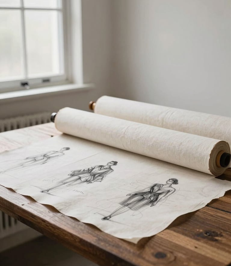 Soft, diffused northern daylight illuminating a quiet corner of a Salt Lake City creative studio. A heavy roll of raw linen and hand-drawn charcoal fashion sketches rest on a dark oak table, wide environmental composition.