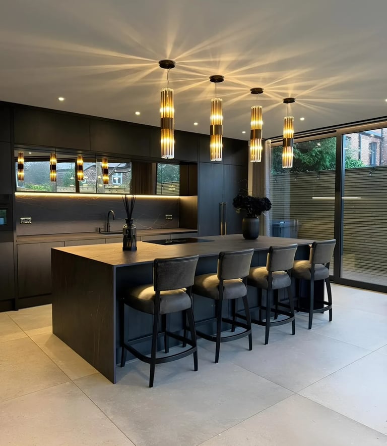 Dark graphite porcelain kitchen island with waterfall edge worktop 