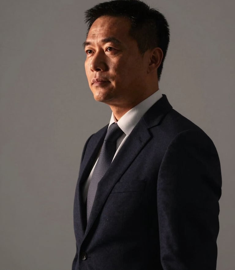 Authoritative, non-cliché portrait of professional legal counsel in deep shadow, low-key dramatic side-lighting, warm copper highlights, sharp focus, 35mm