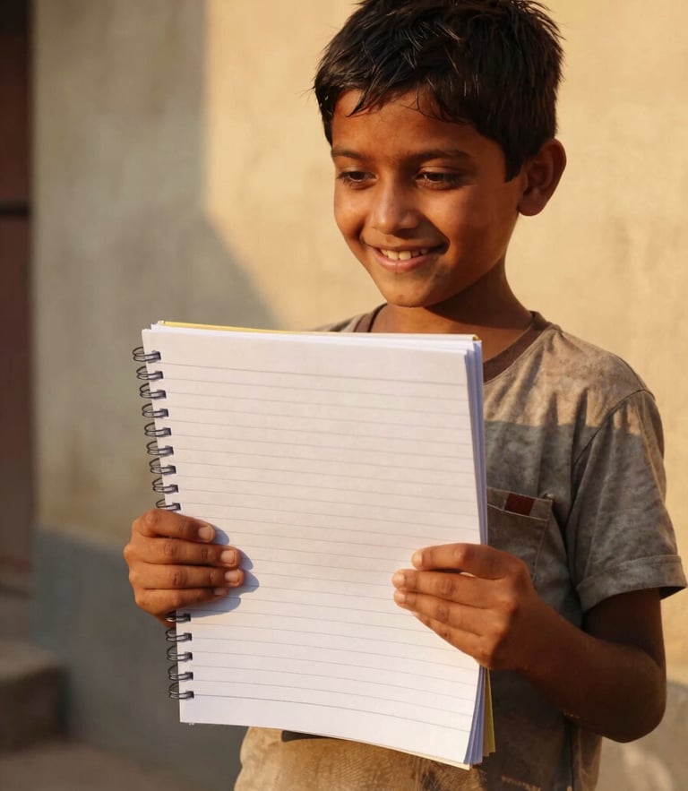 Warm editorial photography of a child in Patna holding a new notebook, smiling, golden hour light, 35mm lens, high-quality candid shot