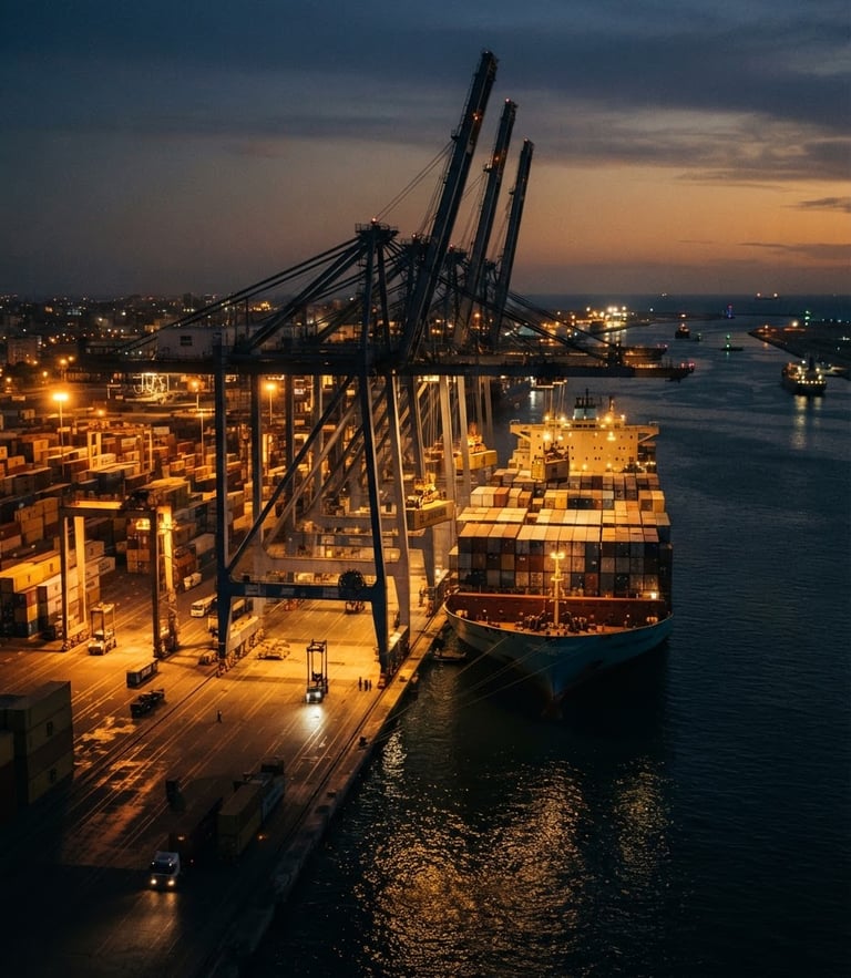 Industrial twilight at Port Said container terminal, massive gantry cranes loading a container ship, high-contrast gold lighting reflecting on deep navy water, wide cinematic 35mm photography