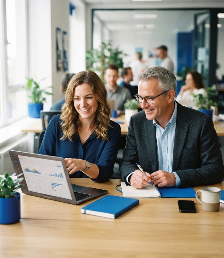 A smiling woman in her 30s and a man in his 50s collaborating at a bright office desk with a laptop, natural daylight, vibrant royal blue accents, professional 35mm photography