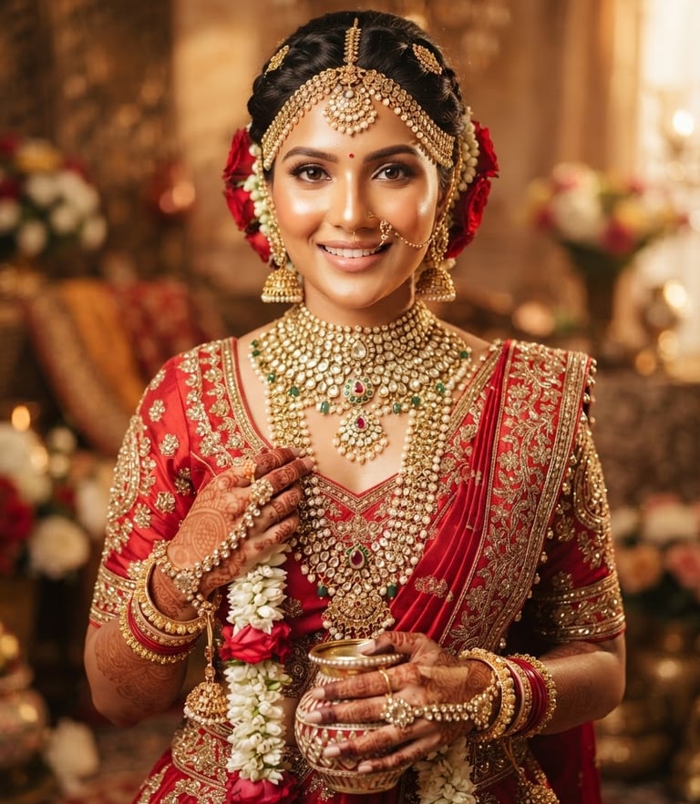 A beautifully styled Indian bride showcasing heavy gold jewelry and flawless radiant skin, warm editorial studio lighting, 85mm portrait lens