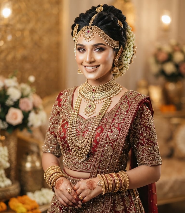 Medium portrait of a real Muslim bride without hijab, showcasing heavy gold jewelry, intricate hair artistry, flawless luminous skin, warm studio lighting, 85mm lens