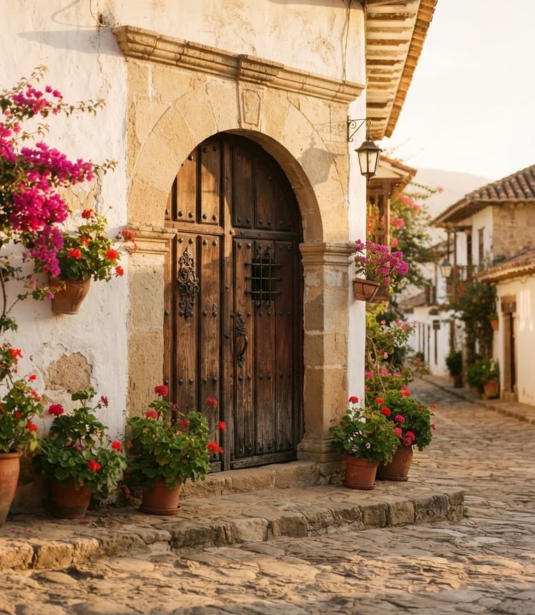 Warm editorial photography of a colonial arched doorway in Villa de Leyva, golden hour sunlight casting soft shadows, 35mm
