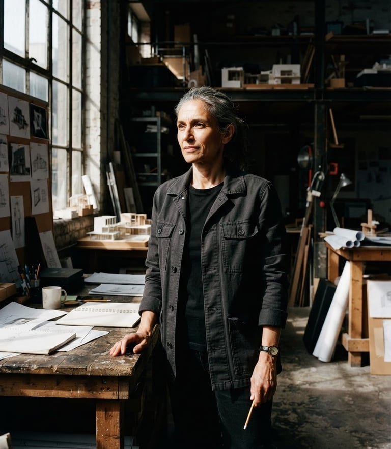 Stark environmental portrait of the creative director in a high-contrast industrial studio, harsh direct sunlight casting deep defined shadows, desaturated tones with deep blacks, 35mm film grain
