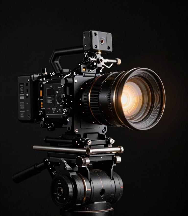 Low-key dramatic chiaroscuro studio lighting on a high-end cinema camera rig, golden light catching the edge of the anamorphic lens, deep black background.