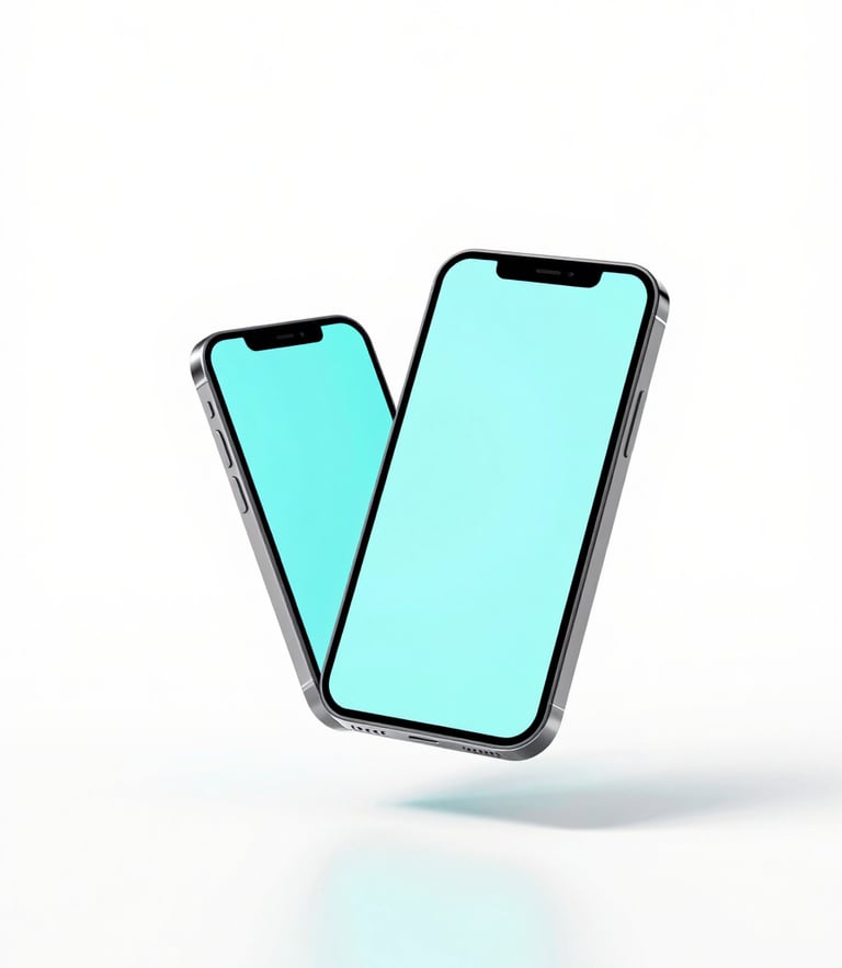 minimalist 3d render, bright high-key studio lighting, clean white background, subtle cyan reflections, sharp focus, octane render of a floating futuristic smartphone and tablet displaying glowing screens