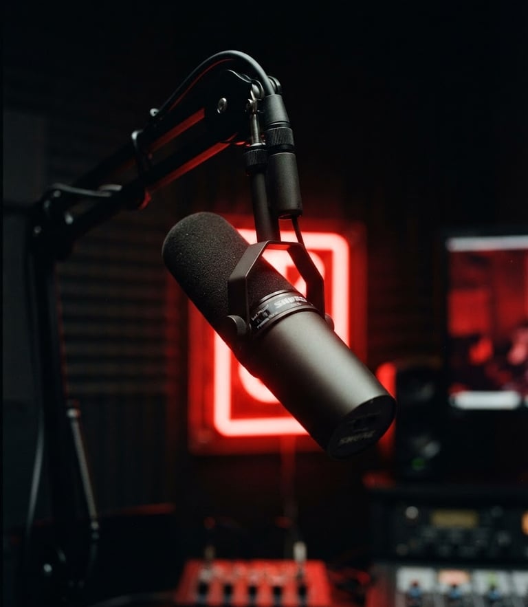 Moody close-up of a professional broadcast microphone in a dark studio, dramatic red neon backlight, high-contrast shadows, 35mm photography