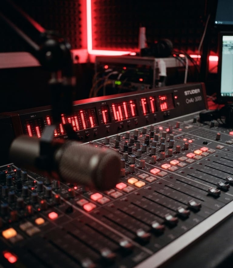 Close-up of a professional radio mixing console with glowing red LED meters, a high-end studio microphone in soft focus foreground, moody dark background with crimson neon ambient light, 35mm