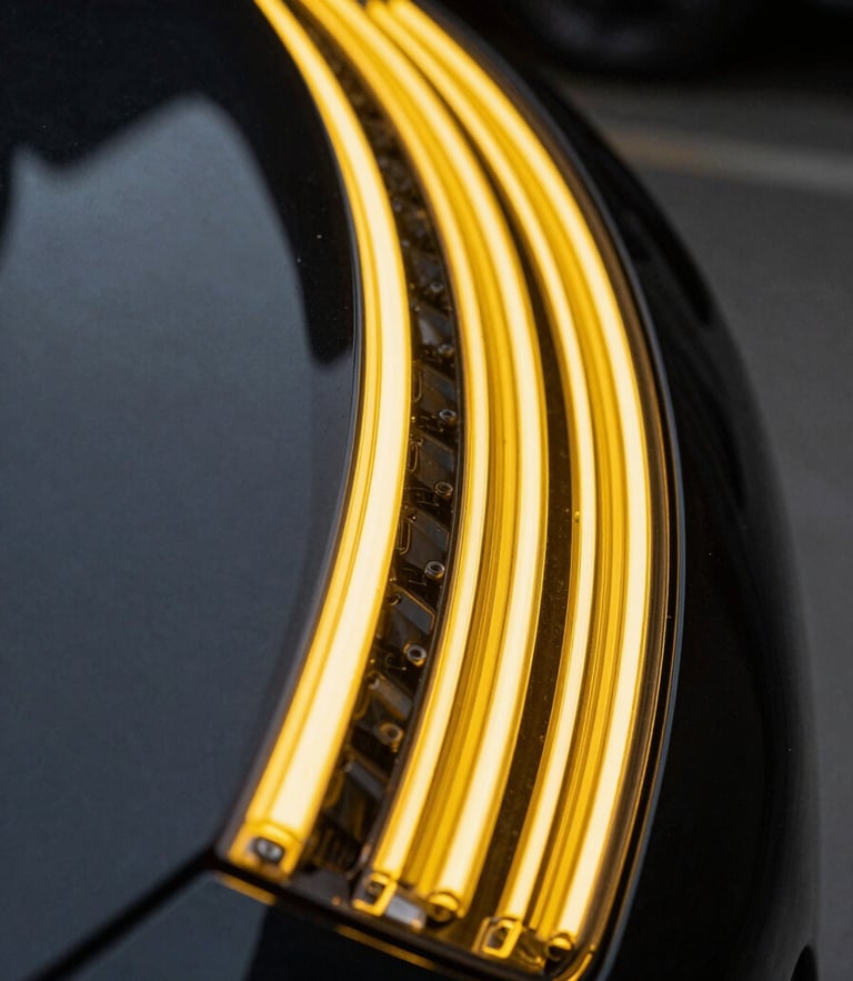 Extreme close-up of a high-contrast PDR LED line-board reflecting perfectly parallel yellow lines over a flawless black car panel curve, dark background, technical precision.