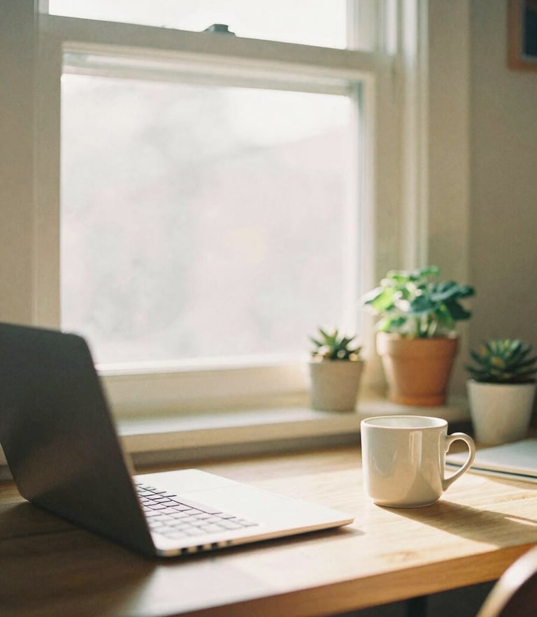 Warm, diffused morning window light on a cozy home office desk with a clean laptop, a ceramic mug, and small potted plants, 35mm look.