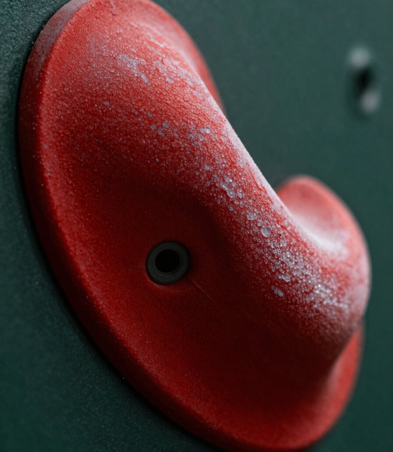 Macro shot of a vibrant crimson climbing hold showing rich dual-texture details, dramatic side-lighting emphasizing polyurethane friction.