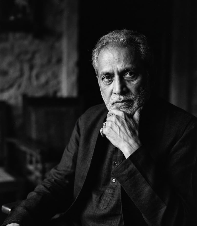 High-contrast black and white cinematic portrait of Narendra Jetley, moody low-key lighting, deep shadows, soft directional key light, anamorphic widescreen format