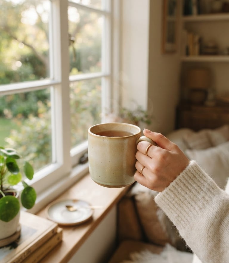Warm editorial photography of a hand holding a soft ceramic mug of tea next to a window with gentle morning light, shallow depth of field, 35mm