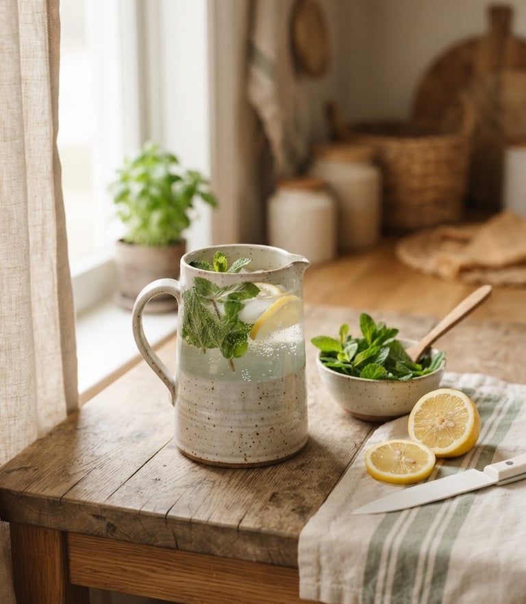 Warm, soft-lit kitchen counter with a ceramic pitcher of water, fresh green mint leaves, and a sliced lemon, diffused morning window light, shallow depth of field, 35mm photography