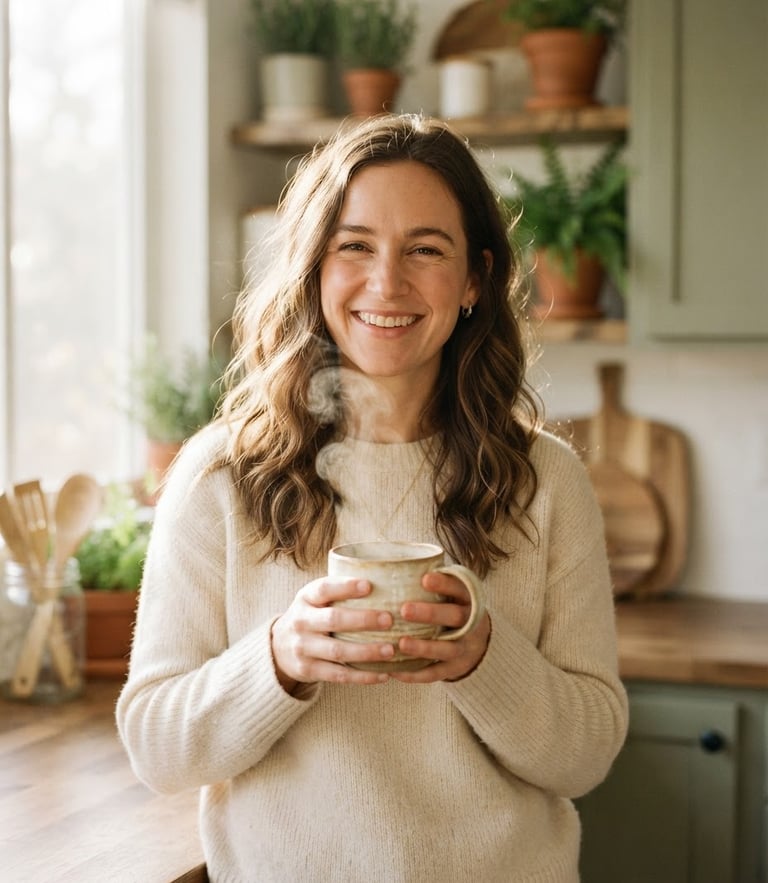 Warm editorial portrait of a smiling woman in a sunlit kitchen, holding a steaming ceramic mug, soft morning light, shallow depth of field, 35mm