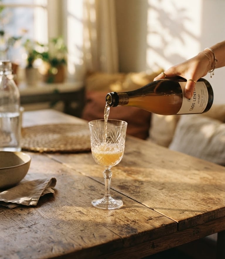 Close-up of a hand pouring natural wine into a crystal glass on a sun-drenched wooden table, soft window shadows, warm golden-hour light, 35mm film aesthetic.