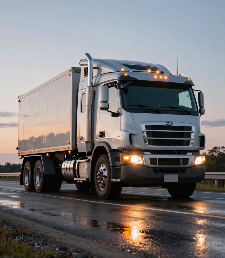 Low-angle heroic shot of a modern heavy-duty truck parked on an Ontario highway shoulder at twilight, amber warning lights reflecting on the wet pavement.