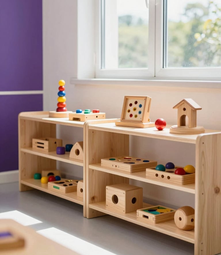 A bright, clean classroom with wooden educational toys organized on shelves, natural light streaming through a window, purple and gold accents, crisp details.