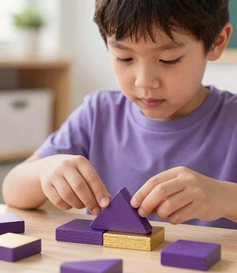 Close-up of a young child concentrating on sorting geometric wooden shapes in a bright, clean classroom, soft natural light, purple and gold accents, 35mm lens