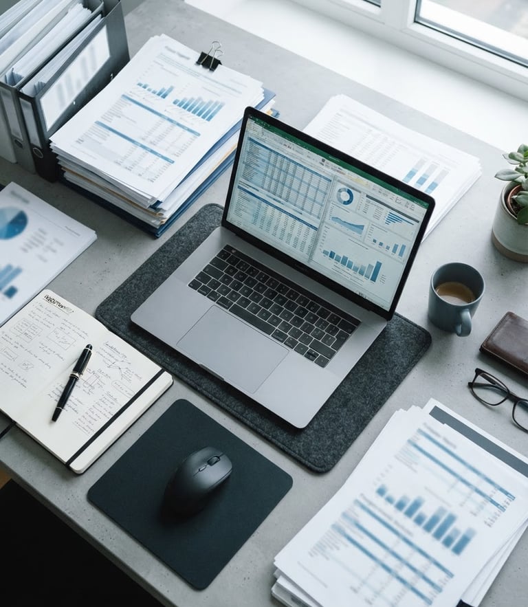 Top-down flat lay of neatly organized financial documents, a modern laptop showing clean spreadsheets, cool blue and slate tones, bright daylight, 35mm