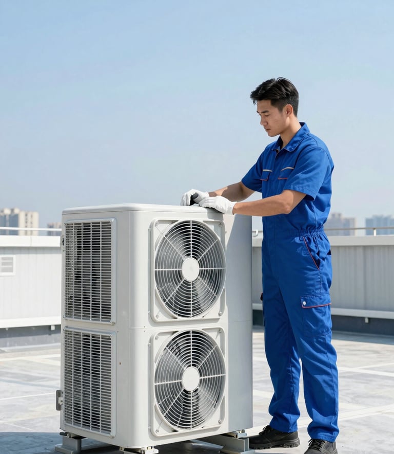 Crisp commercial photography of a professional technician servicing a heavy rooftop HVAC unit under bright daylight, metallic and blue tones