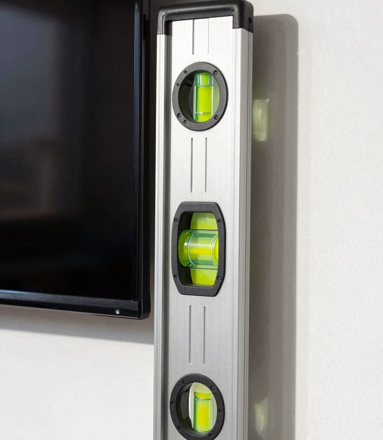 A close-up of a level being used on a newly mounted flat-screen TV on a clean wall, bright natural Florida sunlight, sharp focus on the level vial