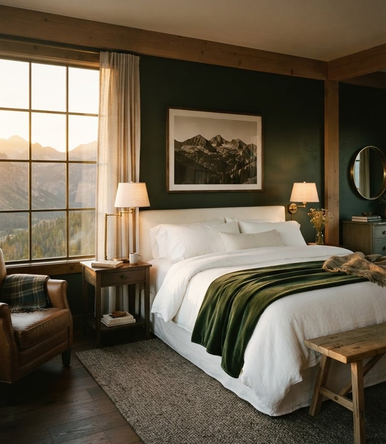 Sunlit luxury guest room interior with clean white linen, dark forest green accents, and rich brass lamps, warm golden-hour light streaming through a window, 35mm lens
