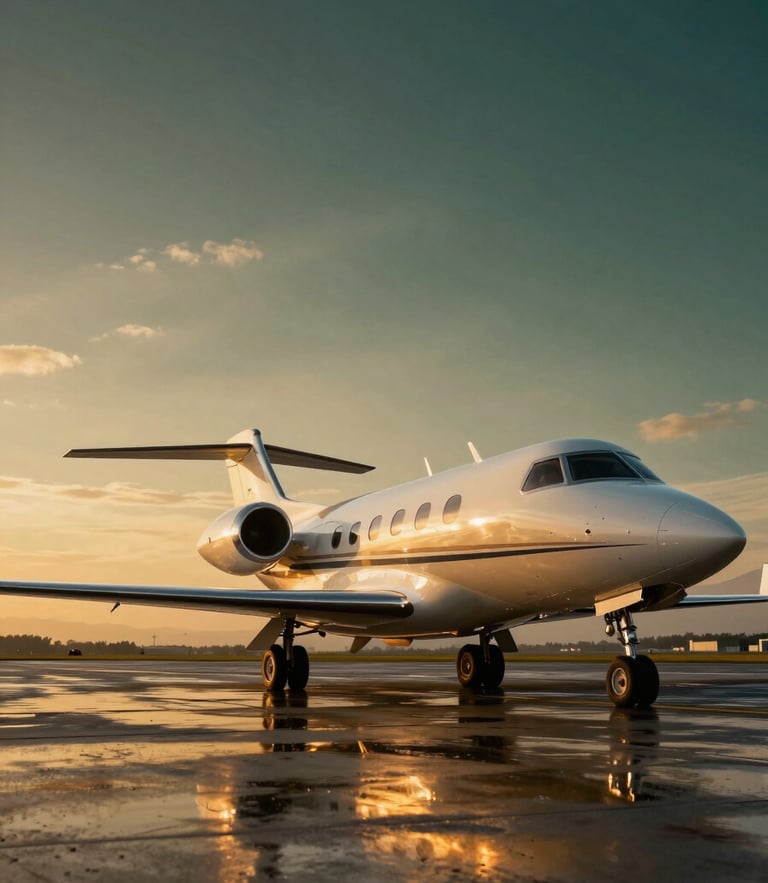 Dramatic low-angle shot of a modern long-range private jet on a wet tarmac at golden hour, reflection of amber sky on the fuselage, cinematic lighting.