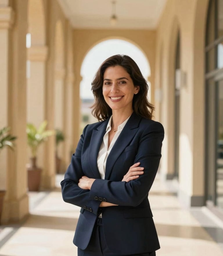 A professional female finance executive in a bright, modern sunlit Casablanca office, smiling confidently, architectural depth of field, warm gold and navy tones, 35mm.