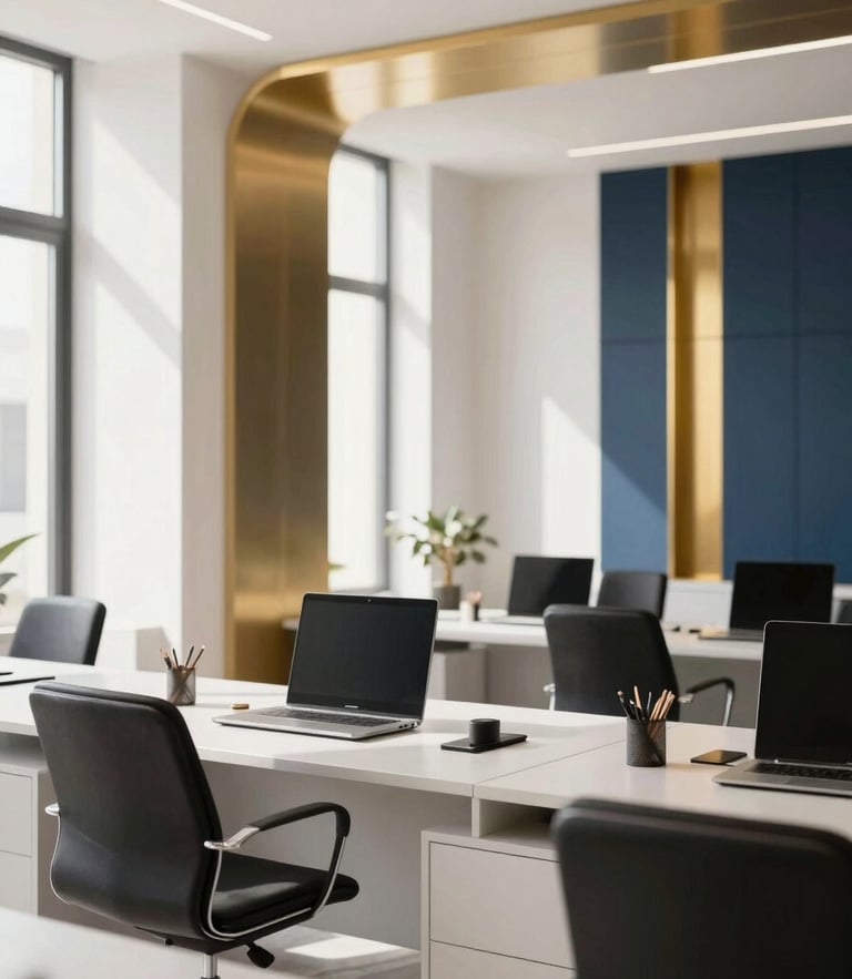A bright, sunlit modern office in Casablanca with clean architectural lines, warm gold accents, and professional workspace tools, 35mm editorial photography.