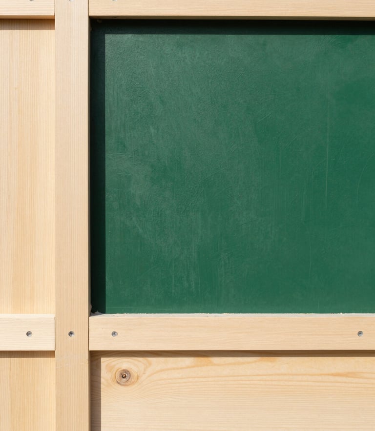 Straight-on architectural portrait shot of clean forest green paint texture next to light sustainable wood panels, bright natural daylight, 35mm lens