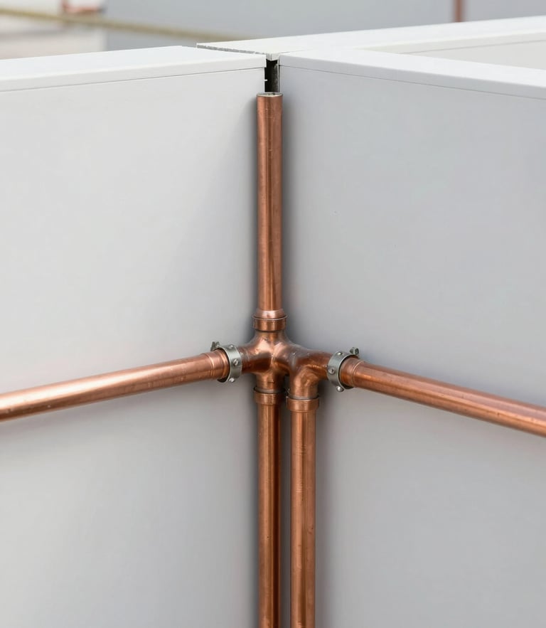 Close-up of clean architectural joint, neat copper plumbing and electrical conduits installed behind a commercial partition wall, bright daylight.