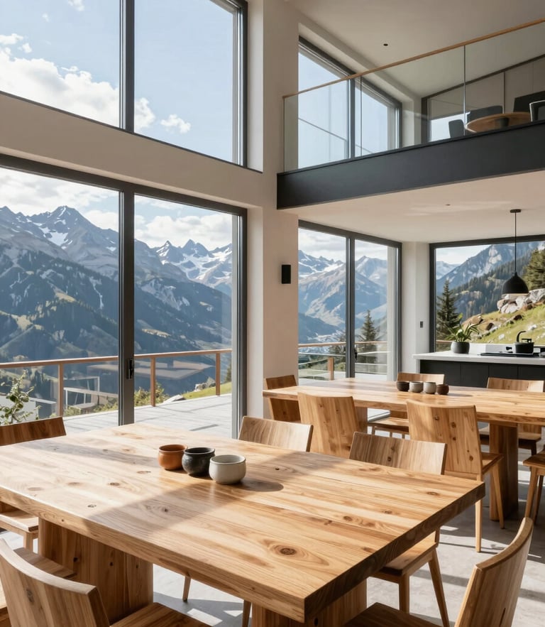 Bright architectural photography of a modern dining area in Bronte Haus, natural alpine daylight, warm larch wood tables, large windows with mountain views, clean and structured composition