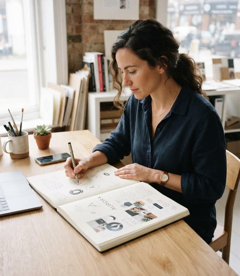 Crisp editorial portrait of a designer sketching brand concepts on a clean wooden desk, bright natural window light, sharp focus