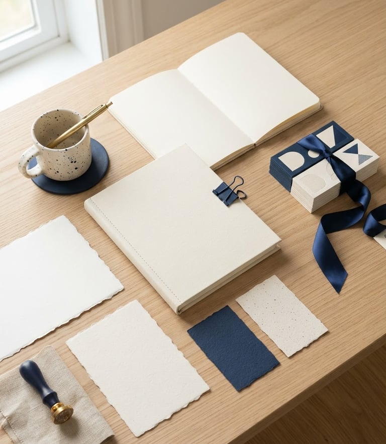 Overhead flat-lay of physical brand mockups, textured business cards, and a minimalist notebook on a clean wooden desk, bright natural window light.