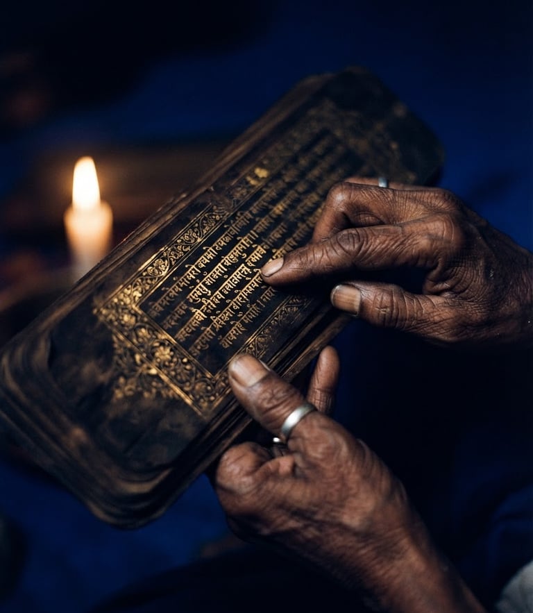 Low-key dramatic photo of hands holding an ancient Sanskrit manuscript under warm candlelight, gold leaf detailing, royal blue shadows, 35mm