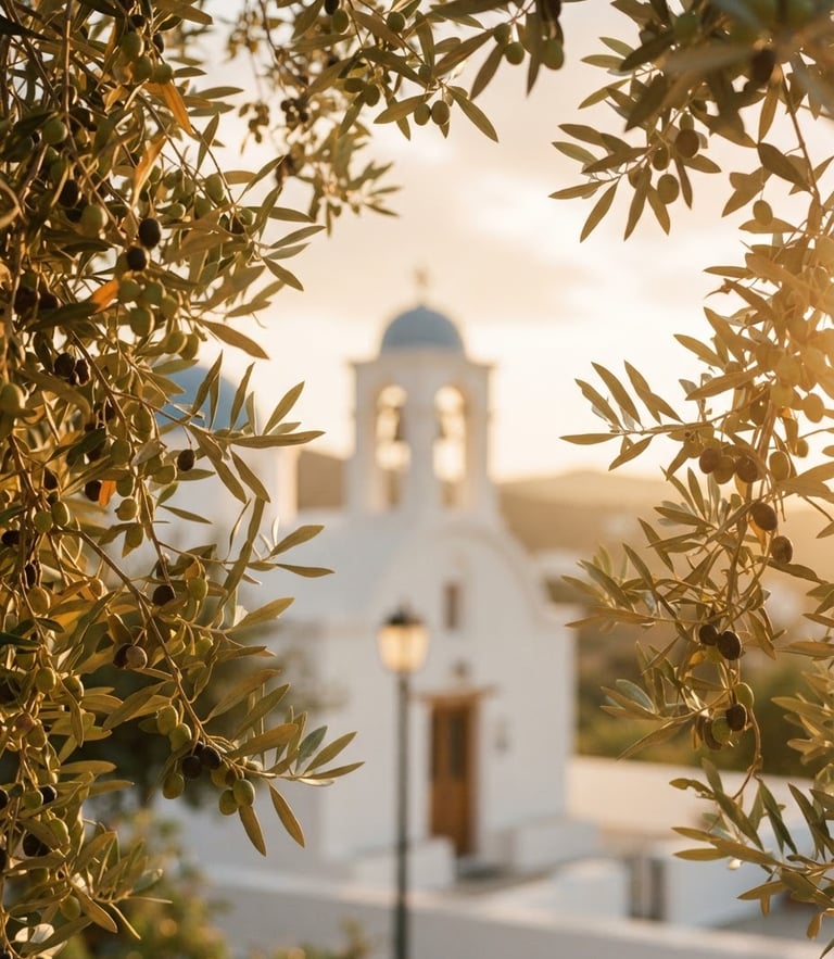 Close-up of olive branches framing a soft-focus whitewashed Greek church exterior under warm Mediterranean golden hour light, 35mm photography