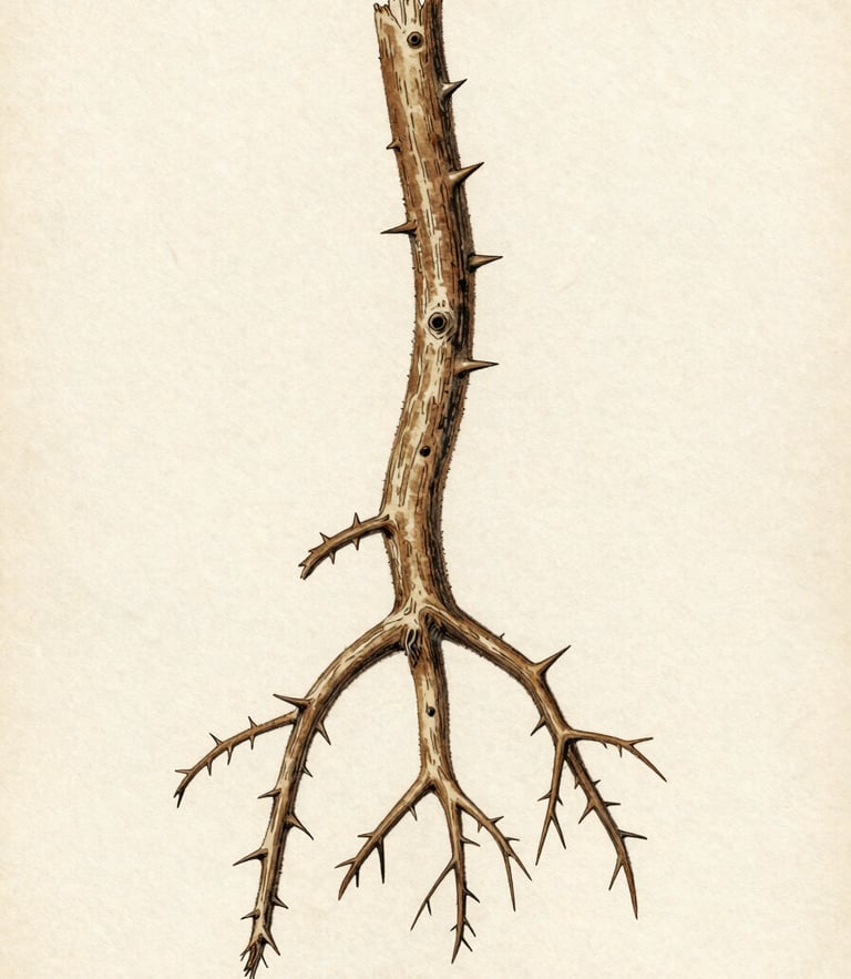 Detailed vintage botanical illustration of Argania spinosa root system and thorny branches, ink and watercolor herbarium style, muted tones, aged paper background.