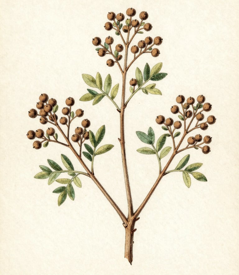 Vintage botanical illustration of Argania spinosa branches, detailed ink and watercolor herbarium plate, muted natural tones, aged cream paper texture.