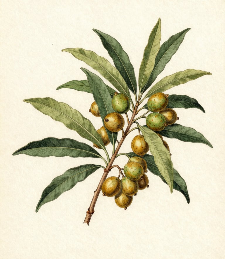 Vintage botanical illustration of Argania spinosa branches with leaves and green-gold fruits, detailed ink and watercolor herbarium plate, muted natural tones, aged cream paper texture, centered composition.